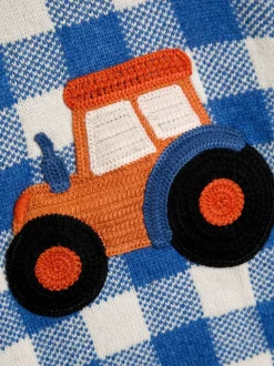 Tracteur bleu - Pull JoJo Maman Bébé à motif appliqué au crochet
