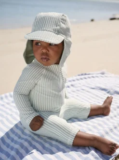 Vert à la menthe - Ensemble maillot de bain et chapeau anti-soleil rayé (3mois-7ans)