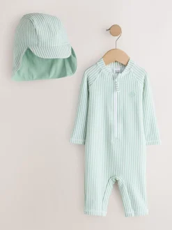 Vert à la menthe - Ensemble maillot de bain et chapeau anti-soleil rayé (3mois-7ans)