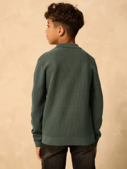 Vert - Polo en maille à manches longues et col zippé (3-16ans)