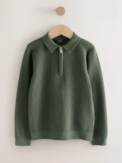 Vert - Polo en maille à manches longues et col zippé (3-16ans)