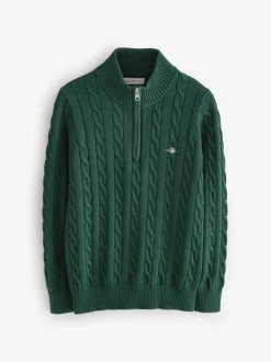 Vert - Pull GANT semi-zippé en maille torsadée 100% coton pour enfant