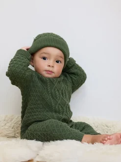 Vert - The Little Tailor Bébé 100% Cotton Cable Knit Romper And Chapeaux Gift Set