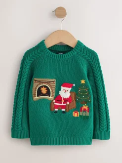 Vert imprimé Père Noël - Pull de Noël en maille (3 mois-7 ans)