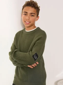 Vert kaki - Pull utilitaire en maille à col rond (3-16ans)
