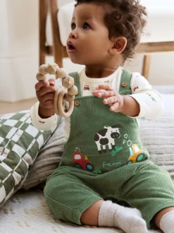 Vert motif ferme - Ensemble salopette et body en velours côtelé (0mois-2ans)