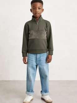 Vert sauge foncé - Reiss Selin Coupe ajustée Half-Zip Col cheminée Velour Sweat-shirt