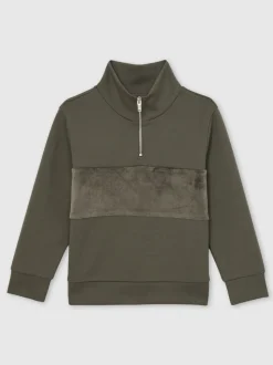 Vert sauge foncé - Reiss Selin Coupe ajustée Half-Zip Col cheminée Velour Sweat-shirt