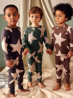 Vert/Ecru/Marron Étoiles - Lot de 3 pyjamas Snuggle (9mois-10ans)