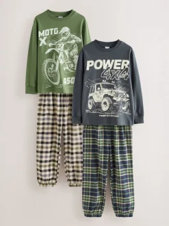 Véhicule bleu/vert - Lot de 2 pyjamas en tissu à carreaux à manches longues (3-16ans)