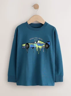 Voiture de course Bleu marine - T-shirt graphique décontracté en coton à manches longues (3-16ans)