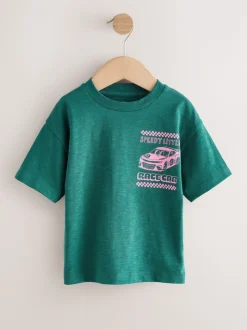 Voiture de course verte/rose - T-shirt Manches courtes Back Imprimé (3mths-7yrs)