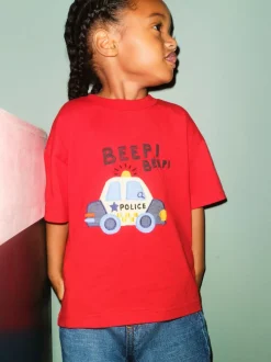 Voiture de police rouge - T-shirt appliqué Manches courtes (3mths-7yrs)