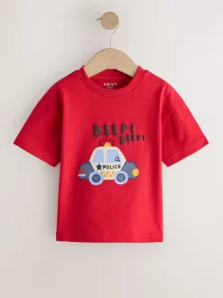 Voiture de police rouge - T-shirt appliqué Manches courtes (3mths-7yrs)