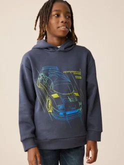 Voiture fluo bleu marine - Sweat à capuche adolescent imprimé graphique (3-16ans)