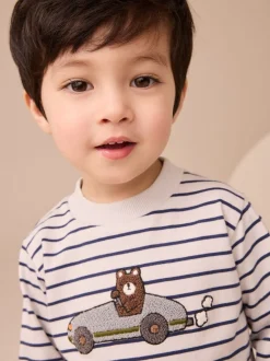 Voiture ours à rayures blanches/bleues - T-shirt appliqué à manches longues (3 mois-7 ans)